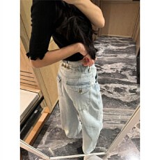 美式巴黎扣牛仔裤女夏季韩系竹节纹后系扣设计感可调节阔腿弯刀裤