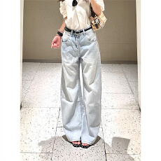 浅色巴黎扣设计牛仔裤女夏季韩系慵懒百搭拖地长裤垂感显瘦阔腿裤