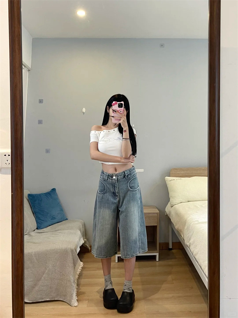 아메리칸 레트로 대나무 마디 곡물 7 점 청바지 여성 여름 2026 새로운 이중 버튼 루즈핏 6 점 바지 반바지