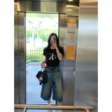 批发美式复古<b class='q'>水洗</b>七分牛仔裤女夏季2026新款高腰宽松阔腿六分中裤短裤