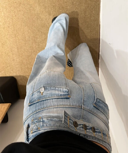 레트로 파리 버클 디자인 청바지 여성 여름 이후 가방 부서 버클 디자인 센스 와이드 레그 팬츠 키 큰 남자 길이 연장 바지