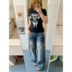 批发<b class='q'>牛仔裤</b>女夏季薄款复古闪电纹垂感喇叭裤时尚设计感低腰显瘦休闲裤