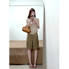 批发卡其色休闲<b class='q'>牛仔</b><b class='q'>短裤</b>女夏季高街复古百搭五分裤宽松显瘦工装中裤子