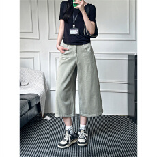 批发美式灰绿色七分阔腿牛仔<b class='q'>裤</b>女2026夏季<b class='q'>新款</b>宽松显瘦显高直筒中<b class='q'>裤</b>子