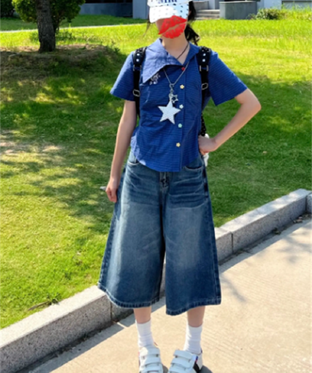 데님 7부 바지 여성 여름 높음 거리 ins 트렌디 마 오래된 와이드 레그 팬츠 스트레이트 루즈핏 다용도 느슨함 센스 느긋한 바지