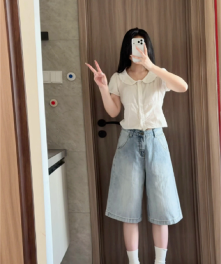 아메리칸 레트로 파리 버클 7 점 청바지 2026 새로운 디자인 센스 루즈핏 넓은 다리 바지 반바지