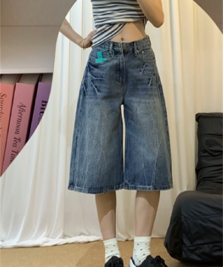 아메리칸 레트로 워싱 스트레이트 번개 곡물 7 점 데님 반바지 여성 8 점 바지 넓은 다리 벽오동 바지
