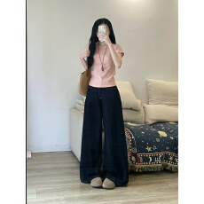 批发美式复古丹宁蓝牛仔<b class='q'>裤</b>女秋季2026新款高腰宽松直筒阔腿拖地长<b class='q'>裤</b>子
