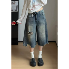 批发美式复古做旧毛边破洞七分牛仔<b class='q'>裤</b>女秋季高腰宽松阔腿中<b class='q'>裤</b>7分短<b class='q'>裤</b>