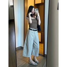 批发美式复古卡其色七分牛仔裤<b class='q'>女</b>秋季2026新款宽松阔腿7分中裤短裤子