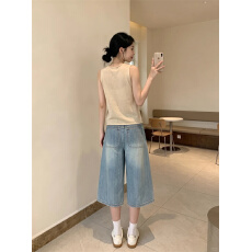 肌理设计感复古显瘦七分牛仔裤女秋季新款美式街头风百搭做旧中裤