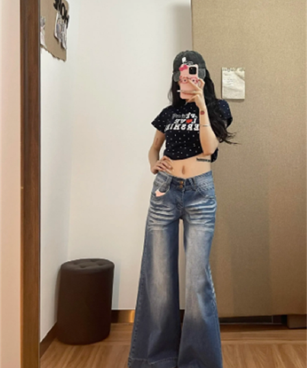청바지 여성 가을 디자인 센스 워싱 연삭 화이트 로우 웨이스트 와이드 레그 팬츠 좁은 에디션 아니요 막대기 다리 슬림해 보이는 바닥 청소 부츠컷 바지