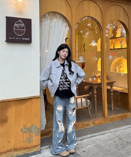 청바지 여성 가을 높음 거리 워싱 먹물 마 오래된 찢어진 부분 와이드 레그 팬츠 작은 대중 디자인 도루 센스 슬림해 보이는 스트레이트 팬츠