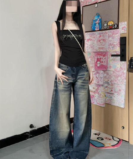 청바지 여성 가을 아메리칸 레트로 워싱 대나무 마디 곡물 넓은 다리 모통이 칼 바지 하이웨이스트 루즈핏 슬림해 보이는 다용도 긴 바지