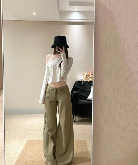 아메리칸 레트로 카키 색 워크웨어 모통이 칼 청바지 여성 가을 2026 새로운 루즈핏 스트레이트 넓은 다리 낫 바지