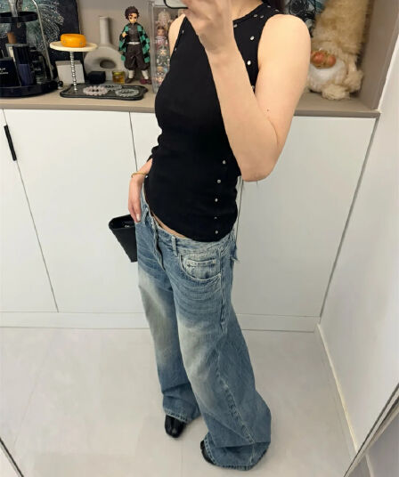 청바지 여성 이른 가을 디자인 센스 레트로 연삭 화이트 워싱 다용도 와이드 레그 팬츠 자수 플립 커버 주머니 바닥 청소 긴 바지