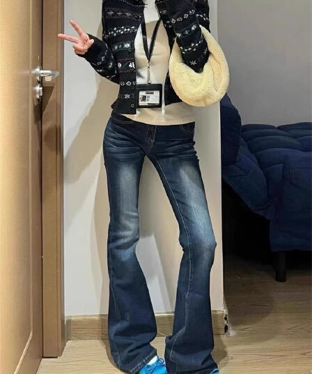 아메리칸 레트로 부츠컷 청바지 여성 가을 하이웨이스트 스트레이트 슬림해 보이는 몸매 가꾸기 호스 슈 나팔 벽오동 바닥 청소 바지