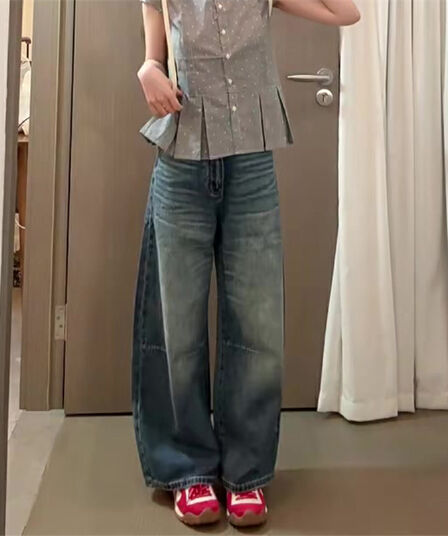 아메리칸 넓은 다리 청바지 여성 이른 가을 레트로 고급 센스 슬림해 보이는 없음 허리 머리 모통이 칼 바지 도루 센스 슬림해 보이는 바닥 청소 바지