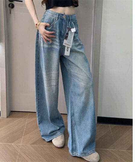 아메리칸 레트로 모통이 칼 청바지 여성 이른 가을 한 부서 느긋한 센스 워싱 와이드 레그 팬츠 루즈핏 슬림해 보이는 바닥 청소 긴 바지