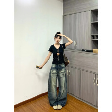 批发美式大码竹节纹<b class='q'>牛仔裤</b>女秋季高街做旧猫须弯刀裤松弛感百搭拖地裤