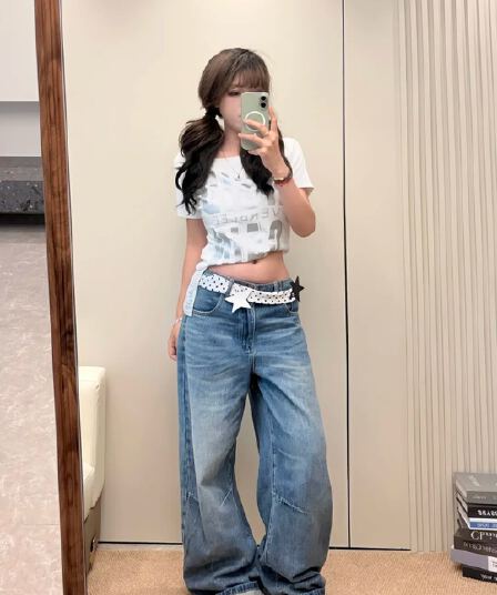 키 큰 남자 확장 버전 청바지 여성 가을 천년기 핫걸 바람 없음 허리 측면 디자인 슬림해 보이는 느긋한 센스 와이드 레그 팬츠