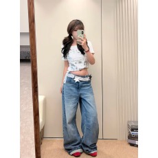 批发高个子加长版牛仔裤女秋季千禧辣妹风无腰边设计显瘦慵懒感阔腿裤