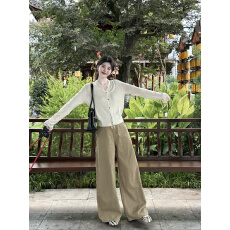 批发<b class='q'>大码</b>复古卡其色阔腿牛仔裤女秋季高个子加长版韩系时尚百搭拖地裤