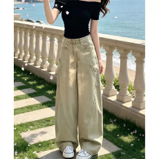 批发美式复古军绿色工装弯刀牛仔<b class='q'>裤</b>女秋季高腰宽松阔腿梧桐镰刀长<b class='q'>裤</b>子