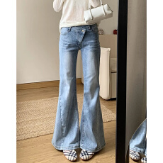 批发美式复古蓝色微喇<b class='q'>牛仔裤</b>女秋季新款低腰不规则修身显瘦百搭喇叭裤