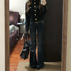 美式铆钉刺绣微喇牛仔裤女秋季新款复古蓝低腰不贴腿修身喇叭长裤