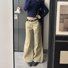 批发美拉德卡其色低腰微喇<b class='q'>牛仔裤</b>女秋冬搭配小个子宽松显瘦垂感拖地裤