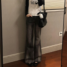 批发美式复古黑灰色微喇牛仔裤<b class='q'>女</b>2026秋季新款显瘦加长不贴腿喇叭裤子