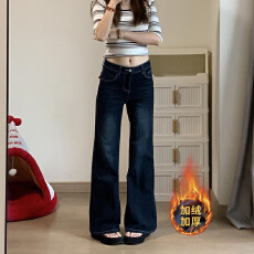 批发美式复古蓝灰色微喇牛仔裤女秋冬新款小个子不贴腿显瘦加绒直筒裤