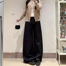 批发大码美式复古水洗深蓝色牛仔裤女秋冬宽松显瘦阔腿裤新款直筒长裤