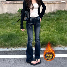 怀旧蓝加绒牛仔裤女秋冬季低腰显瘦微喇裤复古修身百搭马蹄喇叭裤