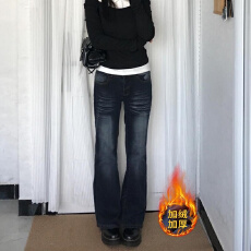 批发美式怀旧蓝加绒牛仔裤女秋冬加厚低腰显瘦微喇裤高个子加长拖地裤