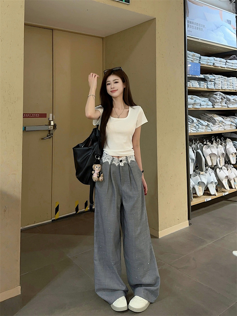실사 정가 달콤한 매운맛 바람 디자인 센스 뒤로 레이스 조각 반팔 하이웨이스트 도루 레이스 조각 와이드 레그 팬츠