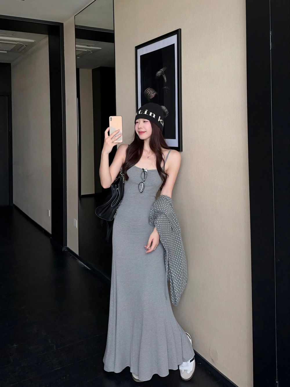 실사 정가 디자인 센스 도트 무늬 후드 티 스웨터 여성 코트 가을 회색 슬립 슬림해 보이는 드레스 투피스 세트