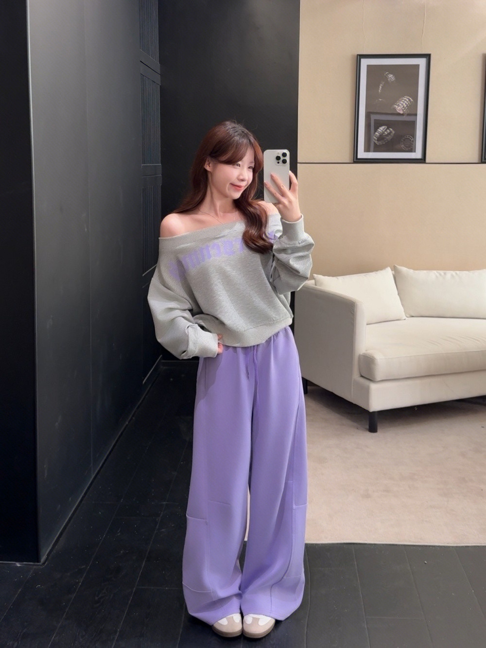 실사 정가 느긋한 센스 패치워크 색상 맨위 가을 프린트 오프숄더 알파벳 비스듬한 어깨 후드티 캐주얼 바지 세트