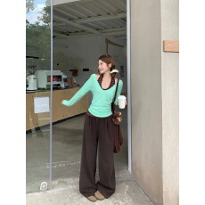 批发实拍实价叠穿套<b class='q'>装</b>女挂脖条纹背心V领长袖<b class='q'>上衣</b>高腰阔腿<b class='q'>裤</b><b class='q'>拖地</b><b class='q'>裤</b>