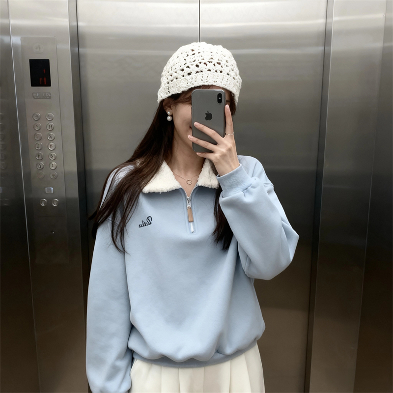 실사 정가 파란색 하프 지퍼 플리스 폴로 칼라 후드티 털이 있는 보온 루즈핏 미니멀리즘 캐주얼 맨위 재킷