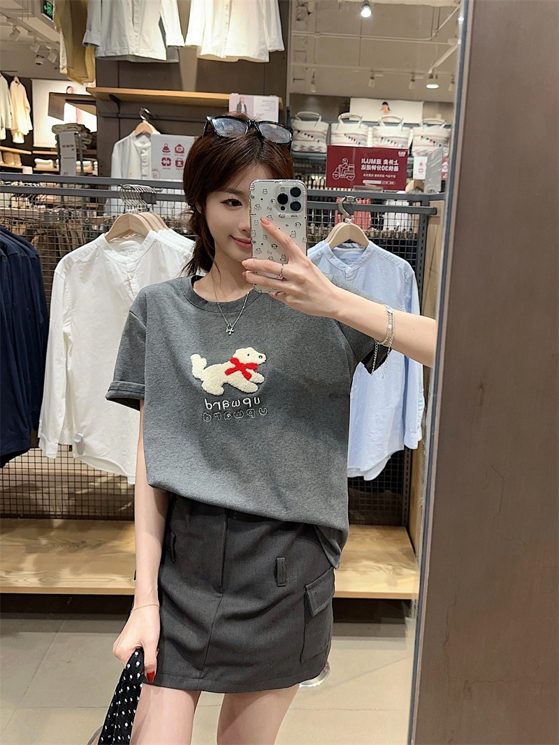 실사 정가 긍정적 인 어깨 순면 반팔 티셔츠 여성 새로운 무거운 작업 수건 자수 강아지 다용도 디자인 센스