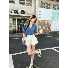 批发实拍实价蓝色立领<b class='q'>长袖</b>衬衫女夏季薄款显瘦高腰百搭裤子套装女潮