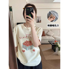 批发 哺乳纯棉短袖T恤产后辣妈百搭拼蕾丝袖喂奶上衣月子期服