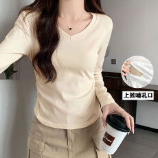 批发哺乳长袖纯棉T恤<b class='q'>春</b>夏产后V领显瘦喂奶打底月子服上衣