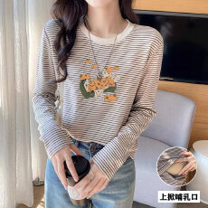 批发秋<b class='q'>冬</b>哺乳长袖纯棉T恤产后辣妈条纹显瘦亲肤喂奶打底上衣