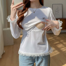 批发实拍 秋<b class='q'>冬</b>长袖拼接蕾丝哺乳T恤产后月子期甜美亲肤喂奶打底上衣