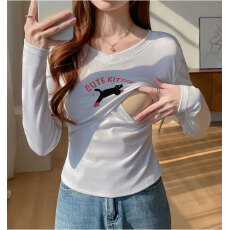 批发实拍 早春哺乳T恤长袖纯棉产后辣妈时尚修身显瘦喂奶打底上衣