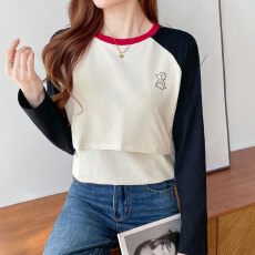 批发秋<b class='q'>冬</b>长袖哺乳纯棉T恤月子期宽松拼接显瘦喂奶上衣