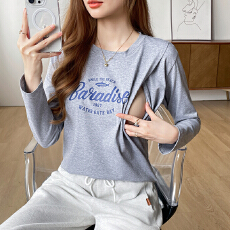 批发实拍<b class='q'>秋</b>冬纯棉哺乳T恤长袖产后妈妈外穿韩系印花宽松显瘦喂奶衣女